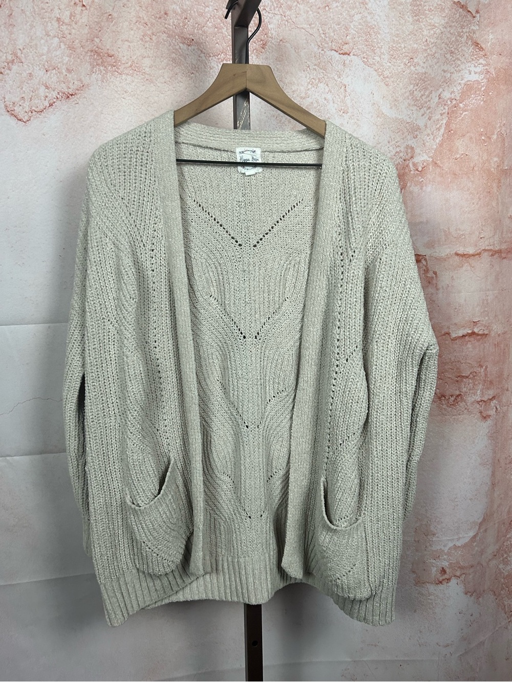HIPPIE ROSE beige cardigan sweater size large open front pockets boho